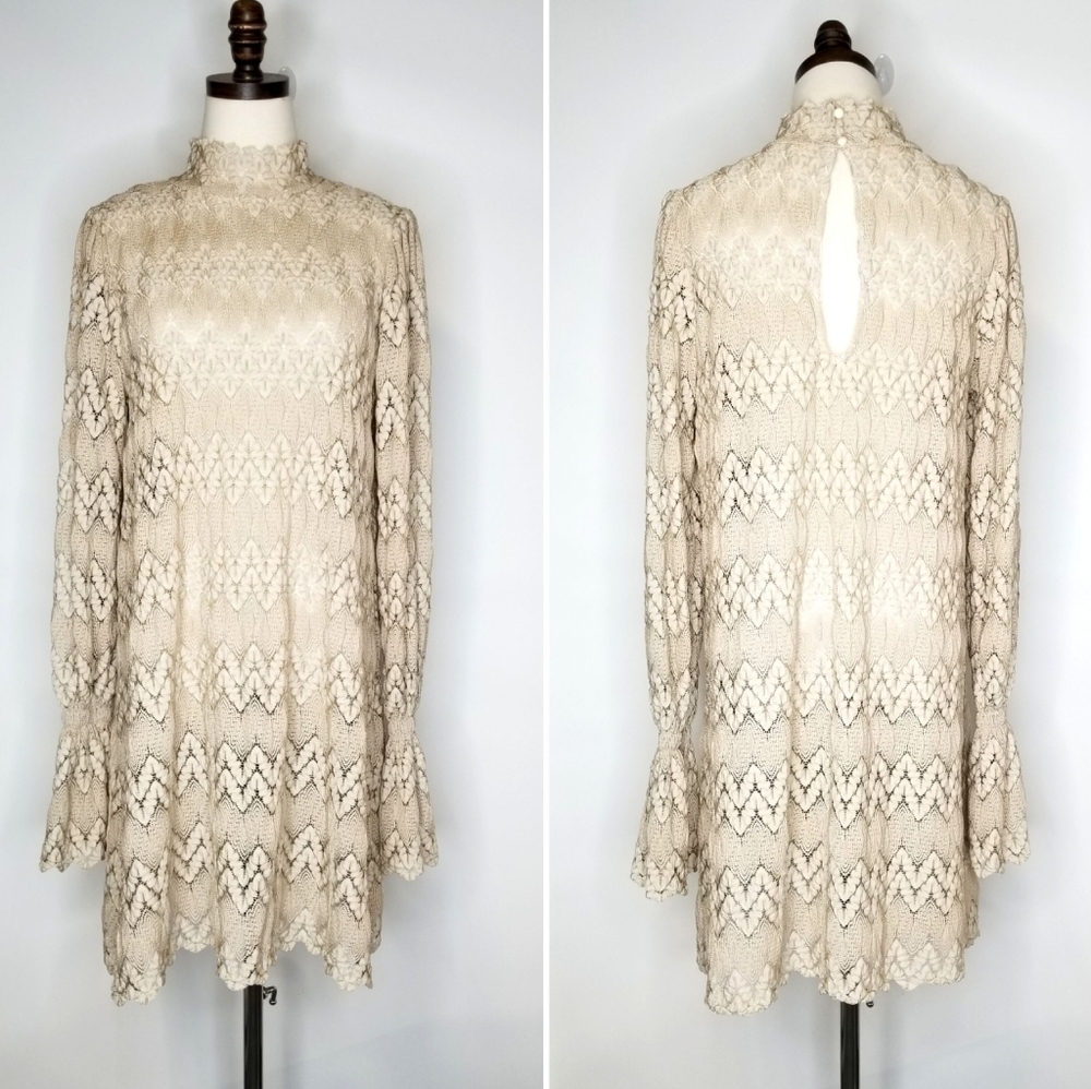 Free People Medium Light Brown Nude Lace Bell Sleeve Short Cocktail Party Dress
